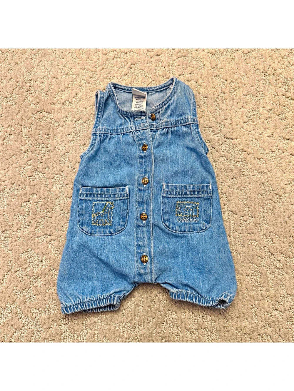 OshKosh B'gosh Denim Romper 0-3 Months Blue Sleeveless Bear Button Pockets